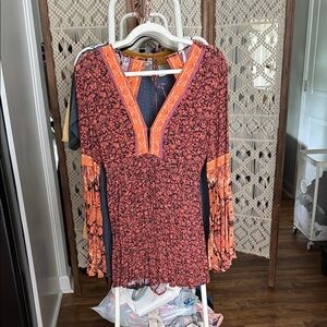 Free People Orange and Black Floral Blouse